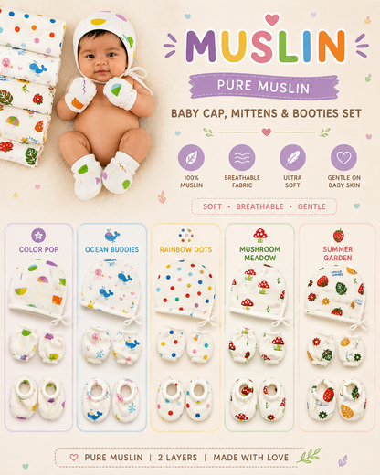 Cap Mittens and Booties Pure Muslin