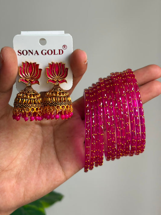 Lotus Jhumka and Glass Bangles Combo JBCN03