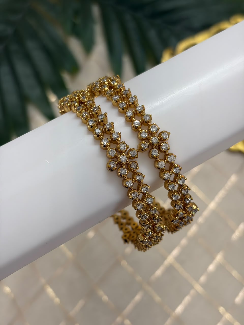 Double Line Sparkle Flower Diamond Metal Bangle MBNB153
