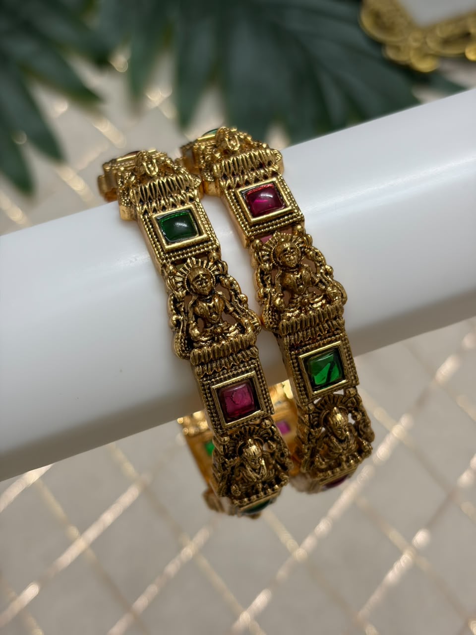 Lakshmi with Red and Green Stone Metal Bangle MBNB162