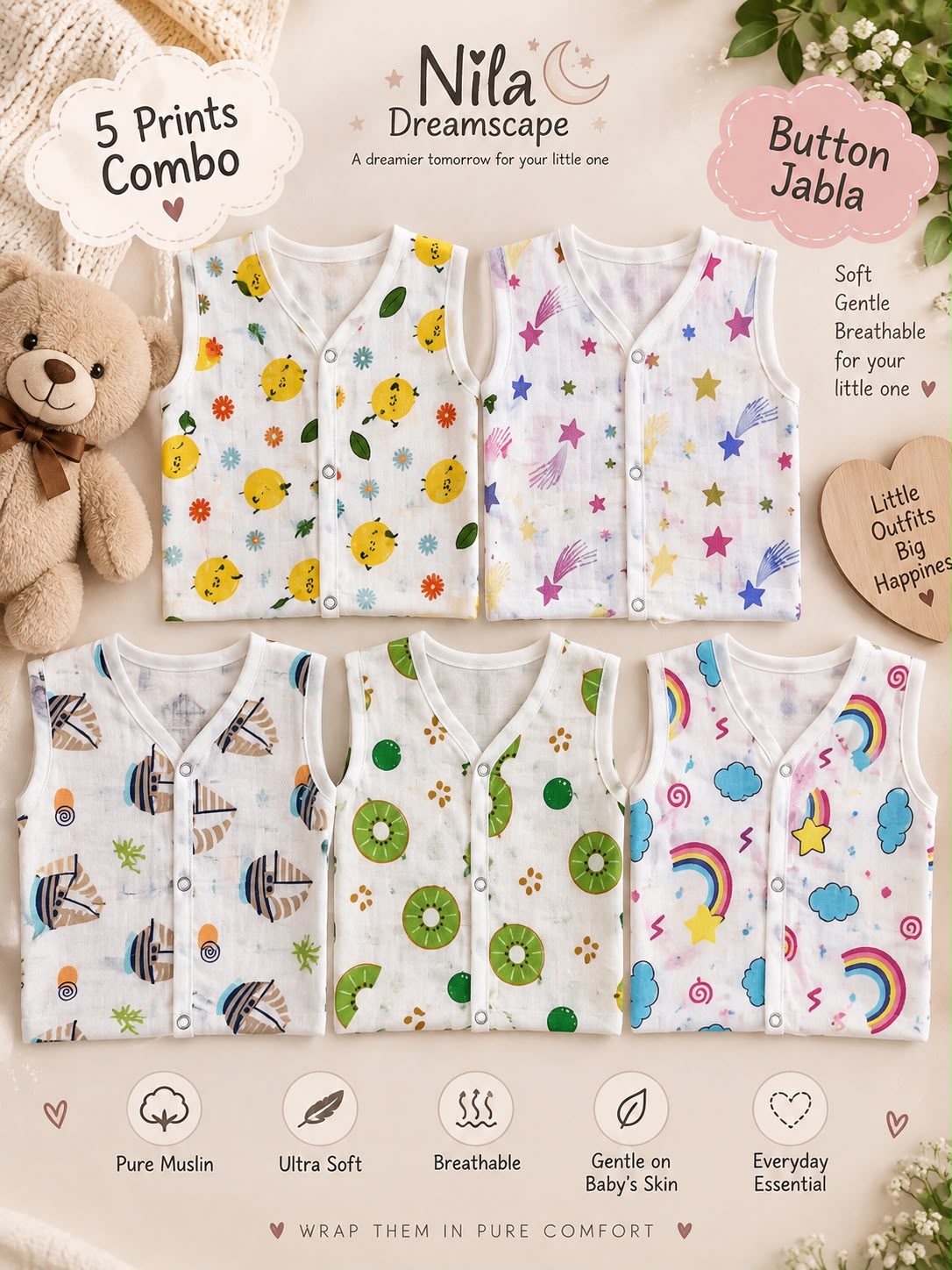 5 Pc Combo Pure Muslin Button Jabla