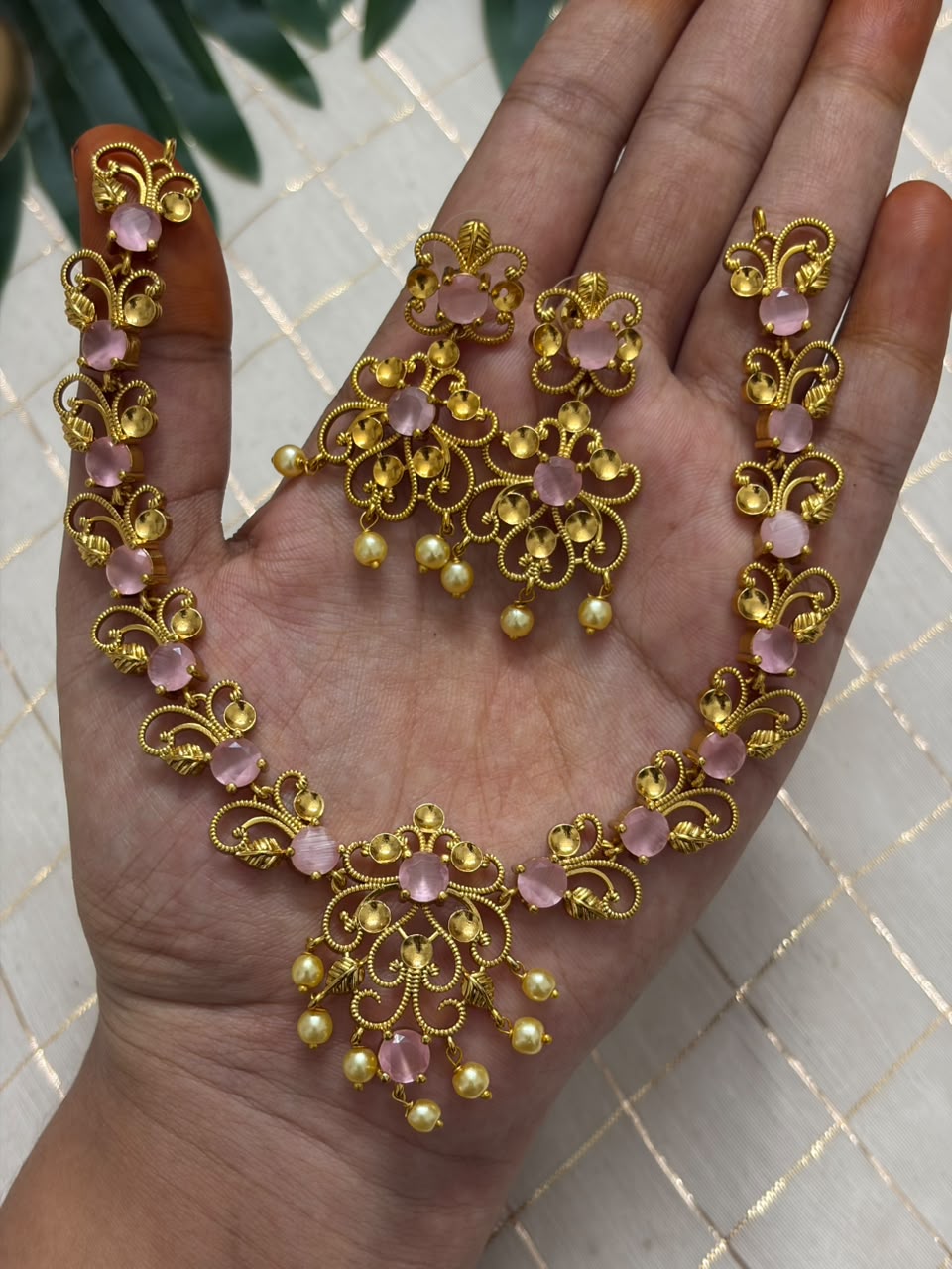 Pink Floral Leaf Necklace NNB424